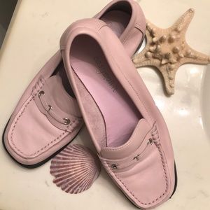 Pink soft leather loafers.